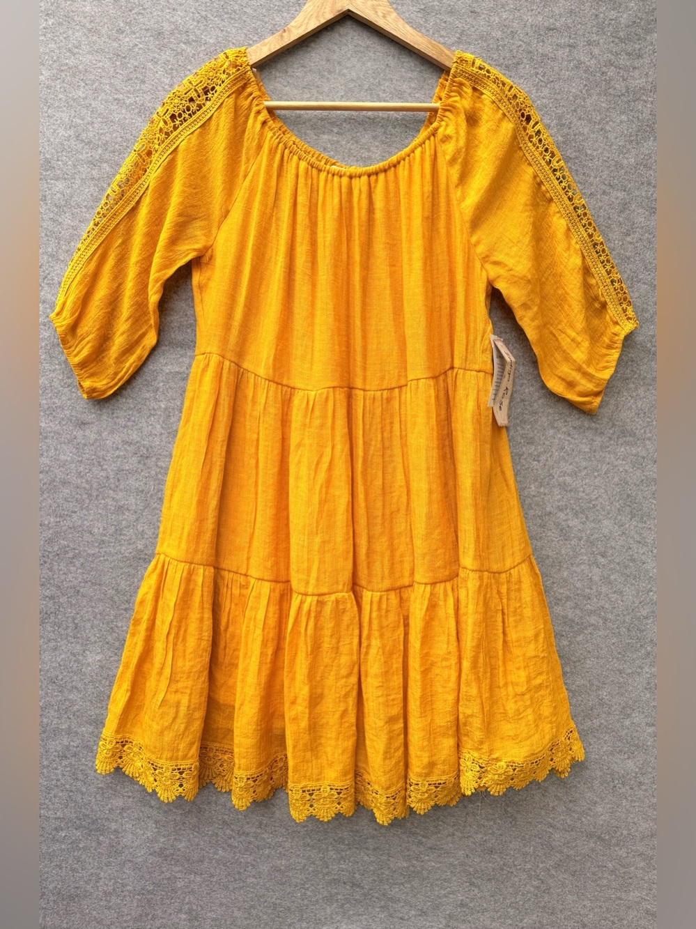 Indigo Rose Mustard Yellow Boho Dress Size L Tiered Lace Trim 3/4 Sleeve Flowy